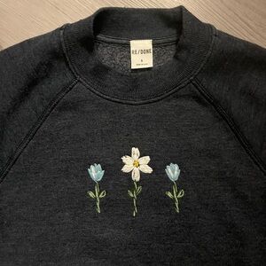 Re/Done Cropped “Shrunken”  Floral Embroidered Crewneck Sweatshirt